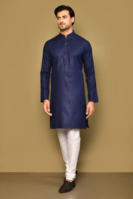 Arihant Rai Sinha Blue Kurta Cotton Plain Mandarin Collar Solid Set 