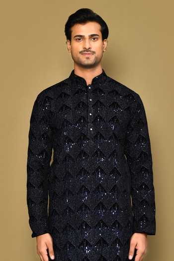 Arihant Rai Sinha_Black Velvet, Polyester Sequins, Embroidery Cosmo Boxes Kurta Set _Online_at_Aza_Fashions
