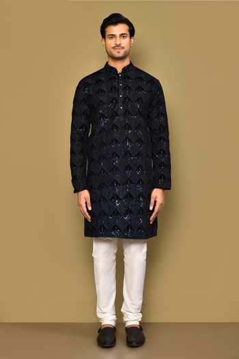 Shop_Arihant Rai Sinha_Black Velvet, Polyester Sequins, Embroidery Cosmo Boxes Kurta Set _Online_at_Aza_Fashions