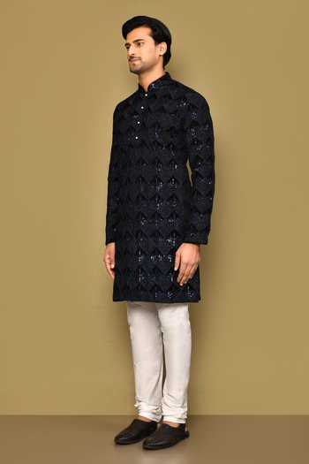 Arihant Rai Sinha_Black Velvet, Polyester Sequins, Embroidery Cosmo Boxes Kurta Set _at_Aza_Fashions