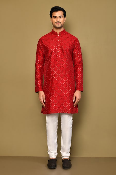 Shop_Arihant Rai Sinha_Maroon Silk, Polyester Sequins, Embroidery Blossom Crest Kurta Set _Online_at_Aza_Fashions