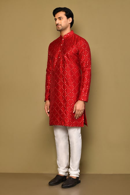 Arihant Rai Sinha_Maroon Silk, Polyester Sequins, Embroidery Blossom Crest Kurta Set _at_Aza_Fashions