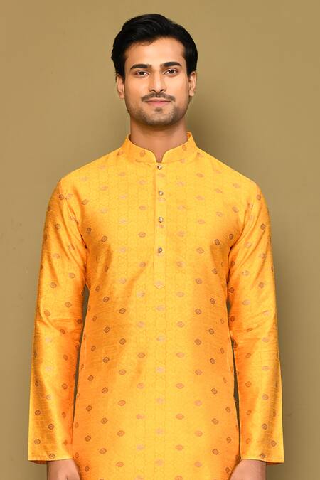 Shop Arihant Rai Sinha Yellow Jacquard, Polyester Embroidery Geometric Motif Woven Kurta Online at Aza Fashions Shop_Arihant Rai Sinha_Yellow Jacquard, Polyester Embroidery Geometric Motif Woven Kurta _Online_at_Aza_Fashions
