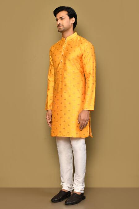 Arihant Rai Sinha_Yellow Jacquard, Polyester Embroidery Geometric Motif Woven Kurta _at_Aza_Fashions