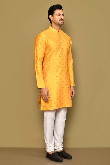 Buy_Arihant Rai Sinha_Yellow Jacquard, Polyester Embroidery Geometric Motif Woven Kurta 