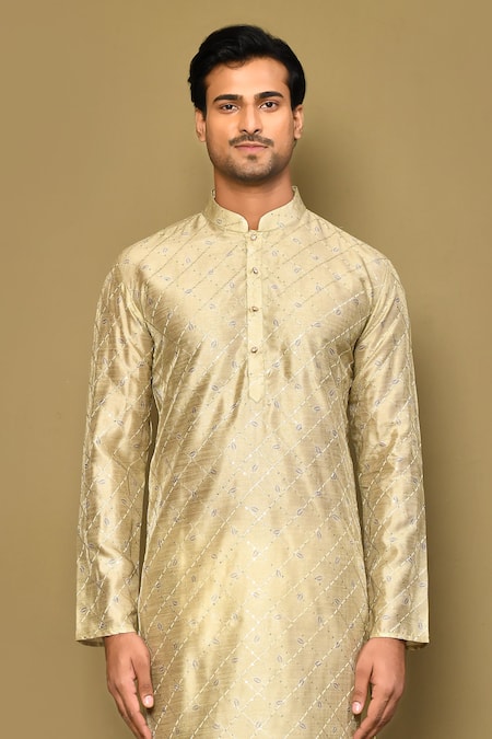 Arihant Rai Sinha Green Jacquard, Polyester, Viscose Sequins Foliage Crest Embroidered Kurta Set Online at Aza Fashions Arihant Rai Sinha_Green Jacquard, Polyester, Viscose Sequins Foliage Crest Embroidered Kurta Set _Online_at_Aza_Fashions