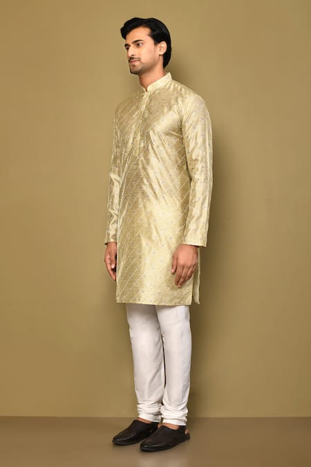 Arihant Rai Sinha_Green Jacquard, Polyester, Viscose Sequins Foliage Crest Embroidered Kurta Set _at_Aza_Fashions