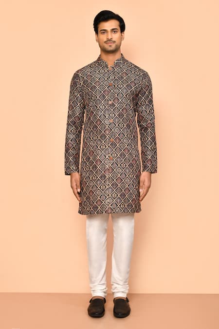 Shop_Arihant Rai Sinha_Green Cotton, Polyester, Viscose Acanthus Bloom Print Kurta Set _Online_at_Aza_Fashions