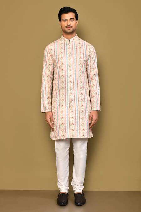 Buy_Arihant Rai Sinha_Cream Cotton, Polyester Sequins, Embroidery Vintage Petunia Print And Kurta Set _Online_at_Aza_Fashions