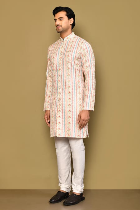 Arihant Rai Sinha_Cream Cotton, Polyester Sequins, Embroidery Vintage Petunia Print And Kurta Set _at_Aza_Fashions