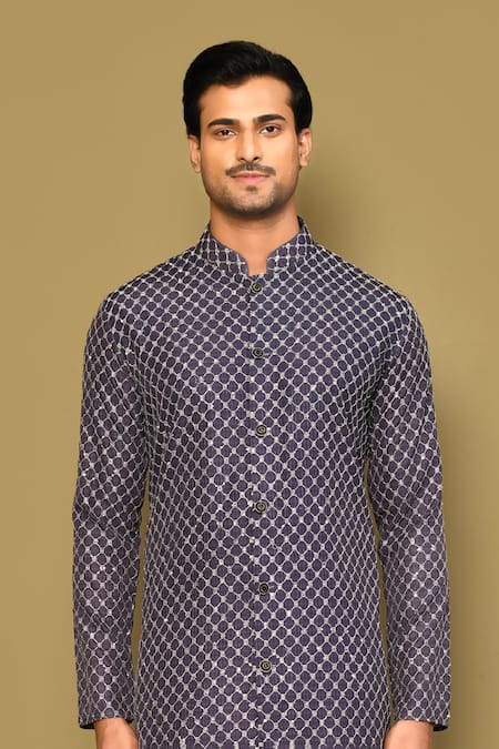 Shop Arihant Rai Sinha Blue Cotton, Polyester, Viscose Sequins Mughal Jaal Embroidered Kurta Set Online at Aza Fashions Shop_Arihant Rai Sinha_Blue Cotton, Polyester, Viscose Sequins Mughal Jaal Embroidered Kurta Set _Online_at_Aza_Fashions