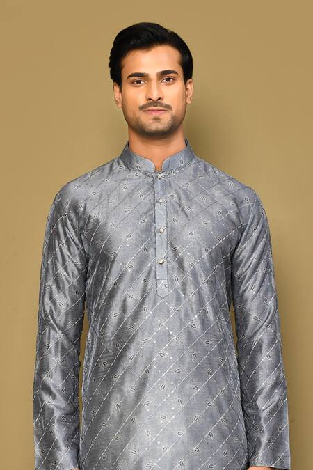 Shop Arihant Rai Sinha Blue Jacquard, Polyester, Viscose Sequins Leaflet Jaal Embroidered Kurta Set Online at Aza Fashions Shop_Arihant Rai Sinha_Blue Jacquard, Polyester, Viscose Sequins Leaflet Jaal Embroidered Kurta Set_Online_at_Aza_Fashions