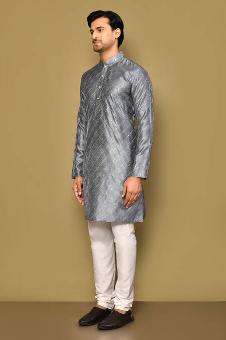 Arihant Rai Sinha_Blue Jacquard, Polyester, Viscose Sequins Leaflet Jaal Embroidered Kurta Set_at_Aza_Fashions