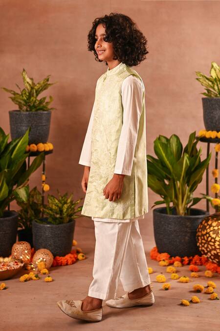 Mini Trails_Green Silk, Cotton Embroidery Thread Nehru Jacket And Kurta Set _Online_at_Aza_Fashions