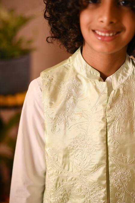 Buy_Mini Trails_Green Silk, Cotton Embroidery Thread Nehru Jacket And Kurta Set _Online_at_Aza_Fashions