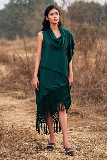 Lotus Sutr Green Cotton Silk Embroidery Macrame Cowl Neck Tassel Tunic 