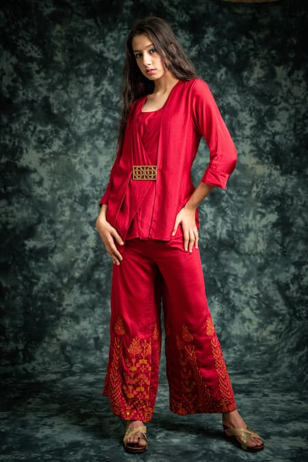 Lotus Sutr Maroon Cotton Silk Embroidery Thread Round Top And Pant Set