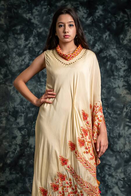 Lotus Sutr Beige Cotton Silk Embroidery Thread Round High Neck Dress   2