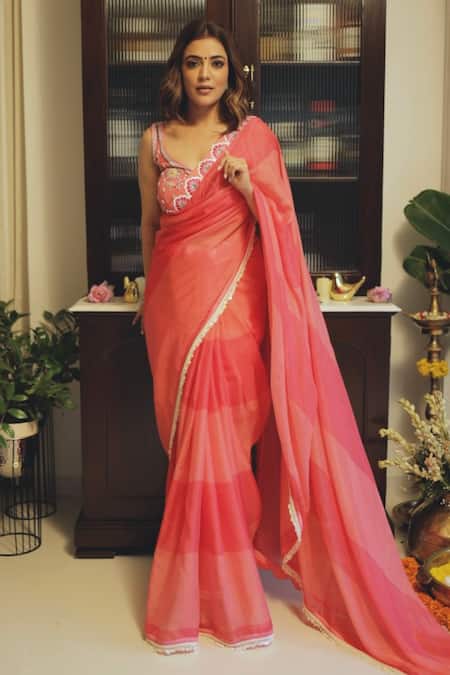 Isha Gupta Tayal Pink Organza Embroidered Blouse Floral V Neck Color Block Saree With For Women