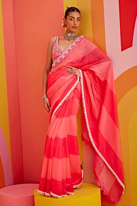 Buy_ISHA GUPTA TAYAL_Pink Organza, Georgette, Satin Sequins, Color Block Saree With Floral Blouse 