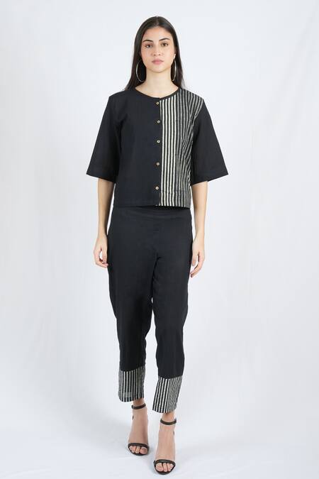 Banana Labs_Black Cotton Hand Block Print Stripe Round Neck Slapper Top_Online_at_Aza_Fashions