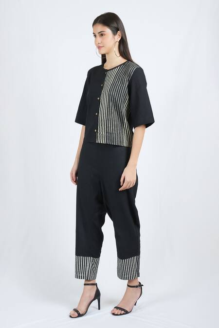 Buy_Banana Labs_Black Cotton Hand Block Print Stripe Round Neck Slapper Top_Online_at_Aza_Fashions