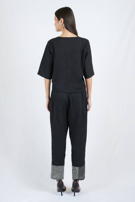 Shop_Banana Labs_Black Cotton Hand Block Print Stripe Round Neck Slapper Top_Online_at_Aza_Fashions