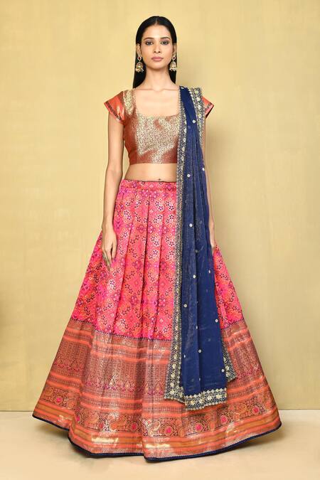 Buy_Samyukta Singhania_Orange Brocade, Chiffon Embroidery, Sequins Square Neck Patola Woven Lehenga Set_Online_at_Aza_Fashions
