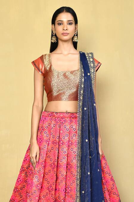 Shop_Samyukta Singhania_Orange Brocade, Chiffon Embroidery, Sequins Square Neck Patola Woven Lehenga Set_Online_at_Aza_Fashions