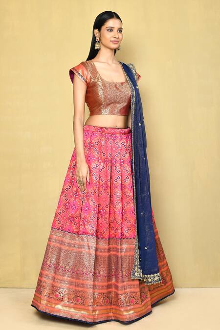 Samyukta Singhania_Orange Brocade, Chiffon Embroidery, Sequins Square Neck Patola Woven Lehenga Set_at_Aza_Fashions