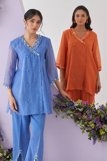 Shipraa Grover_Blue Chanderi, Muslin Embroidery, Sequins Amber And Kasab Kurta & Pant Set _Online_at_Aza_Fashions