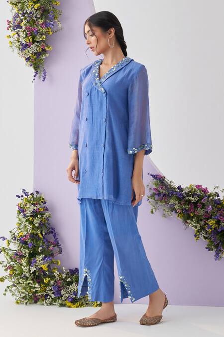 Buy_Shipraa Grover_Blue Chanderi, Muslin Embroidery, Sequins Amber And Kasab Kurta & Pant Set _Online_at_Aza_Fashions