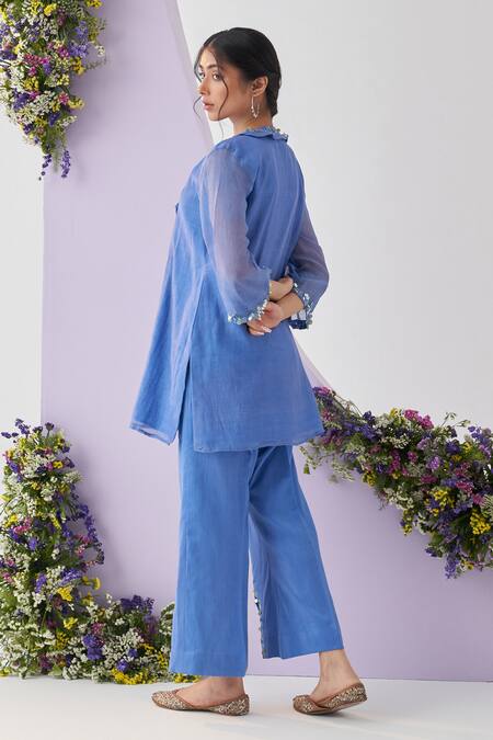 Shop_Shipraa Grover_Blue Chanderi, Muslin Embroidery, Sequins Amber And Kasab Kurta & Pant Set _Online_at_Aza_Fashions