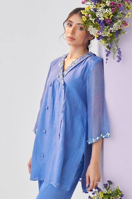 Shipraa Grover_Blue Chanderi, Muslin Embroidery, Sequins Amber And Kasab Kurta & Pant Set _at_Aza_Fashions