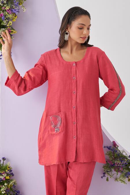 Buy_Shipraa Grover_Red Chanderi, Muslin Beads Round Ariza Nalki And Embroidered Kurta & Pant Set _Online_at_Aza_Fashions
