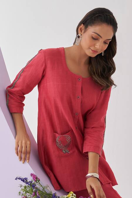 Shop_Shipraa Grover_Red Chanderi, Muslin Beads Round Ariza Nalki And Embroidered Kurta & Pant Set _Online_at_Aza_Fashions