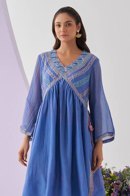 Shipraa Grover Blue Chanderi, Muslin Embroidery, Sequins V-neck Chhaya Anarkali And Pant Set Online at Aza Fashions Shipraa Grover_Blue Chanderi, Muslin Embroidery, Sequins V-neck Chhaya Anarkali And Pant Set _Online_at_Aza_Fashions