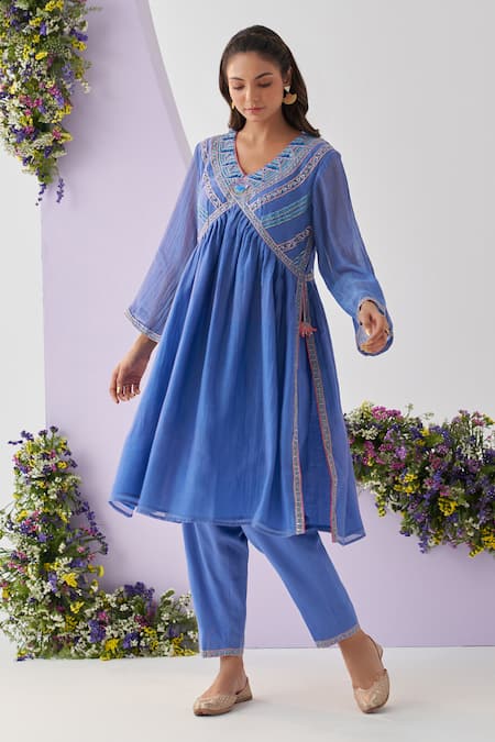 Buy Shipraa Grover Blue Chanderi, Muslin Embroidery, Sequins V-neck Chhaya Anarkali And Pant Set Online at Aza Fashions Buy_Shipraa Grover_Blue Chanderi, Muslin Embroidery, Sequins V-neck Chhaya Anarkali And Pant Set _Online_at_Aza_Fashions