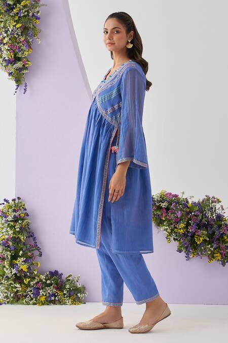Shop Shipraa Grover Blue Chanderi, Muslin Embroidery, Sequins V-neck Chhaya Anarkali And Pant Set Online at Aza Fashions Shop_Shipraa Grover_Blue Chanderi, Muslin Embroidery, Sequins V-neck Chhaya Anarkali And Pant Set _Online_at_Aza_Fashions