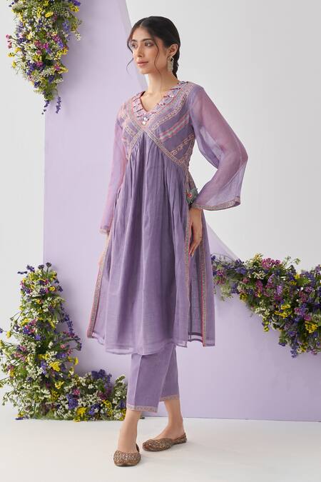 Buy_Shipraa Grover_Purple Chanderi Embroidery Eka Metallic Thread And Sequin Anarkali & Pant Set _Online_at_Aza_Fashions