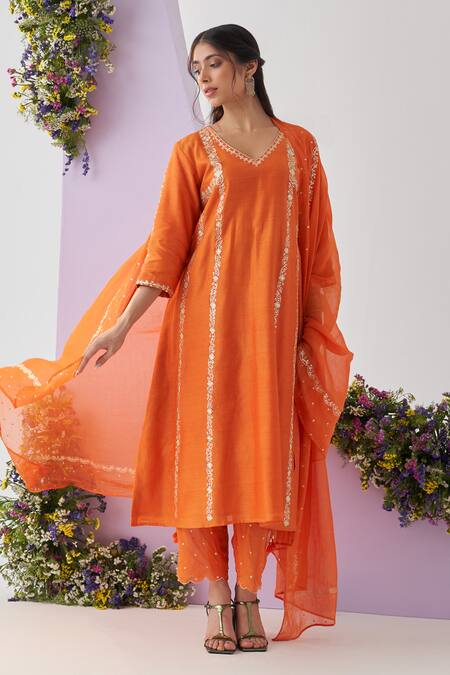 Buy Shipraa Grover Orange Chanderi Sequins, Metallic Thread V-neck Insha Embroidered Kurta Pant Set Online at Aza Fashions Buy_Shipraa Grover_Orange Chanderi Sequins, Metallic Thread V-neck Insha Embroidered Kurta Pant Set _Online_at_Aza_Fashions