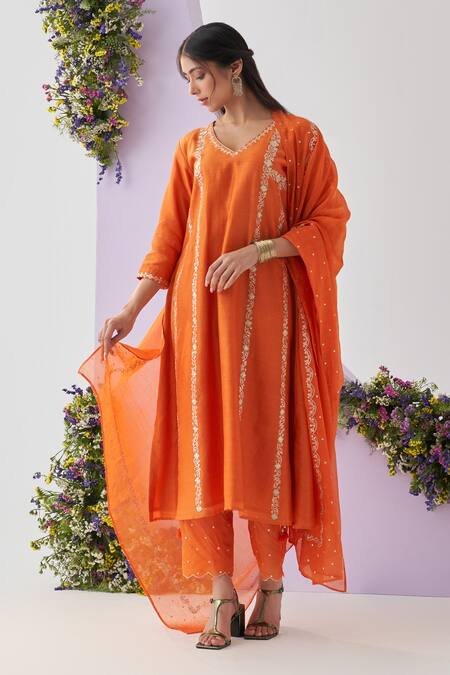 Shop Shipraa Grover Orange Chanderi Sequins, Metallic Thread V-neck Insha Embroidered Kurta Pant Set Online at Aza Fashions Shop_Shipraa Grover_Orange Chanderi Sequins, Metallic Thread V-neck Insha Embroidered Kurta Pant Set _Online_at_Aza_Fashions