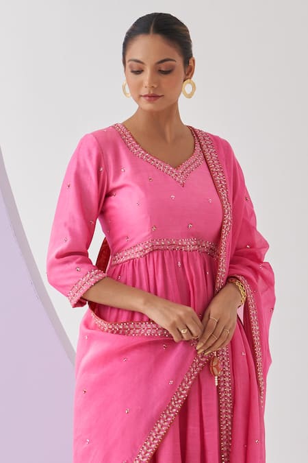 Shipraa Grover_Pink Chanderi Embroidery, Sequins V-neck Tarini Mul Anarkali Pant Set _Online_at_Aza_Fashions