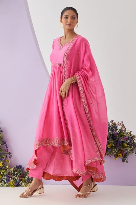 Shop_Shipraa Grover_Pink Chanderi Embroidery, Sequins V-neck Tarini Mul Anarkali Pant Set _Online_at_Aza_Fashions