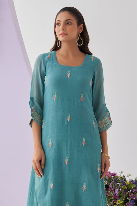Shipraa Grover_Blue , Cotton Embroidery, Sequins Round Urooj Kurta Pant Set _Online_at_Aza_Fashions