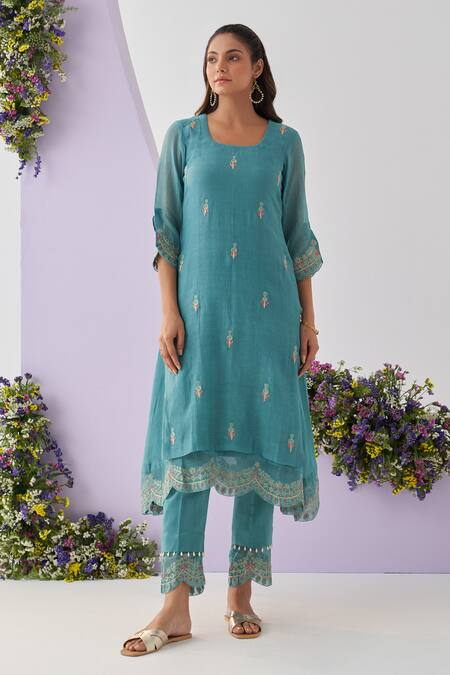 Buy_Shipraa Grover_Blue , Cotton Embroidery, Sequins Round Urooj Kurta Pant Set _Online_at_Aza_Fashions