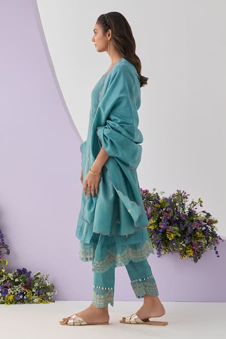 Shipraa Grover_Blue , Cotton Embroidery, Sequins Round Urooj Kurta Pant Set _at_Aza_Fashions