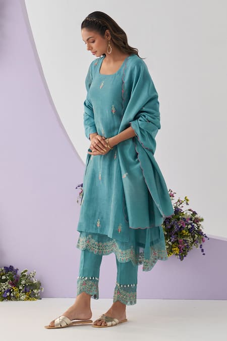 Buy_Shipraa Grover_Blue , Cotton Embroidery, Sequins Round Urooj Kurta Pant Set 