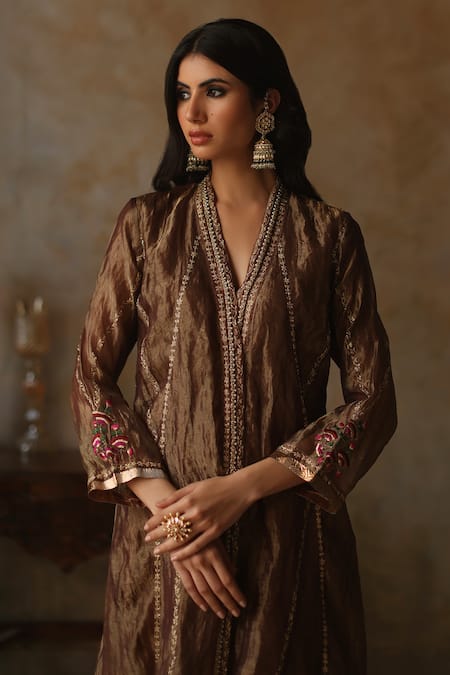 Shop_Begum_Gold Silk, Organza, Satin Embroidery, Asma Resham Zari Fleur Kurta Pant Set _Online_at_Aza_Fashions