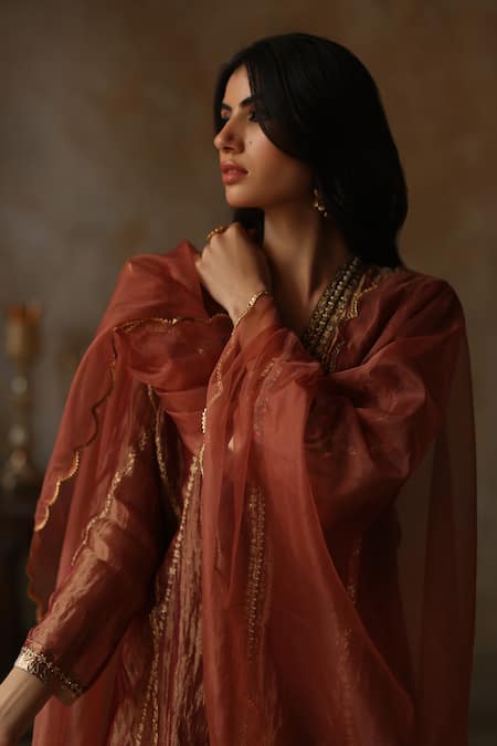 Shop_Begum_Orange Silk, Organza, Satin Gota Patti, Embroidery, Asma Fleur Kurta Pant Set _Online_at_Aza_Fashions